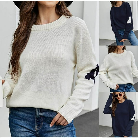 Lovskoo 2024 Sweaters for Women Trendy Long Sleeve Round-Neck Loose Pullover Tops Blouse Knitted Sweater Navy