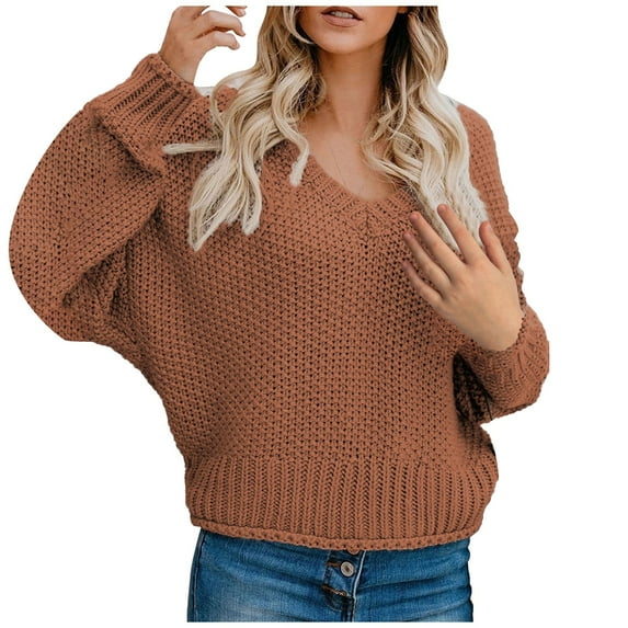 Lovskoo 2024 Sweaters for Women Trendy Long Sleeve Winter European American Loose Knitted V-Neck Sweater Top Coat Brown