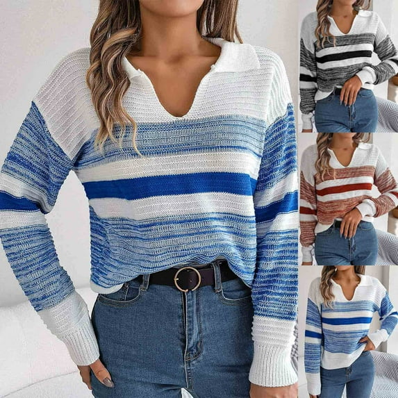 Lovskoo 2024 Sweaters for Women Trendy Pullover Long Sleeve V-Neck Blouse Knit Tops Orange