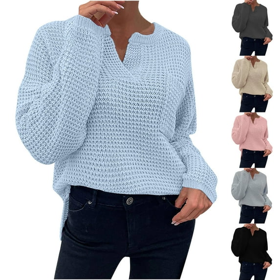 Lovskoo 2024 Sweaters for Women Trendy V-Neck Long Sleeve Top Solid Pocket Sweater Beige