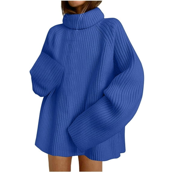 Lovskoo 2024 Sweaters for Women Turtleneck Casual Loose Fitting Long Sleeved Knitted Pullover High Neck Sweater Blue