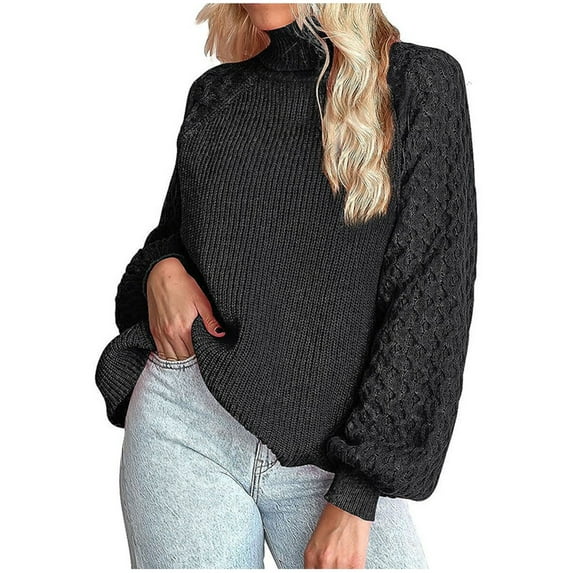 Lovskoo 2024 Sweaters for Women Turtleneck Casual Solid Color Twisted Flower Long Sleeved Knitted Pullover High Neck Sweater Black