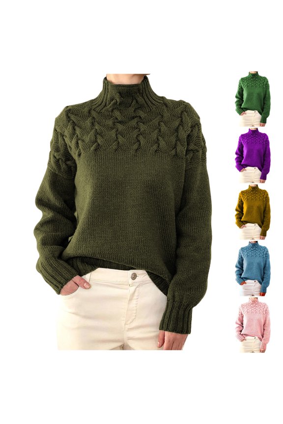 2024 Sweaters for Women Turtleneck Fall and Winter Trendy Cable Weaving Details High Neck Long Sleeve Sweater Green
