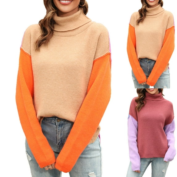 Lovskoo 2024 Sweaters for Women Turtleneck Patchwork Trendy Knitwear Color Matching Long Sleeved High Neck Pullover Sweater Khaki
