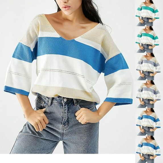 Lovskoo 2024 Sweaters for Women Winter Casual Loose Color Blocking V-Neck Long Sleeve Pullover Knitted Sweater Top Blouse Sweater Gray