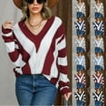 thumbnail image 1 of Lovskoo 2024 Sweaters for Women Winter Casual Striped Color Blocking V-Neck Long Sleeve Pullover Knitted Sweater Top Blouse Sweater Khaki, 1 of 7