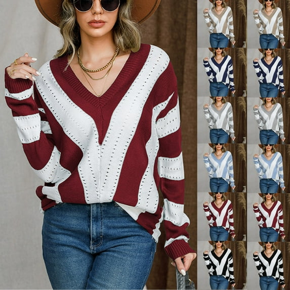 Lovskoo 2024 Sweaters for Women Winter Casual Striped Color Blocking V-Neck Long Sleeve Pullover Knitted Sweater Top Blouse Sweater Light Blue