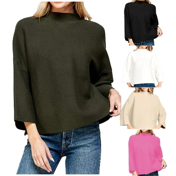 Lovskoo 2024 Sweaters for Women Winter Pullover Loose Knitting Shirt 3/4 Sleeve Solid Color Sweater Top Shirt White
