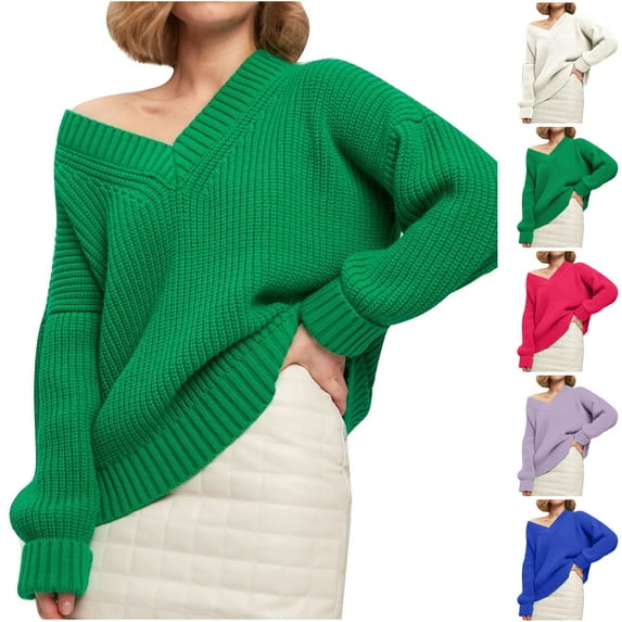 Lovskoo 2024 Sweaters for Women Winter Trendy Long Sleeve Solid Color V-Neck Sweater Pullover Tops Purple