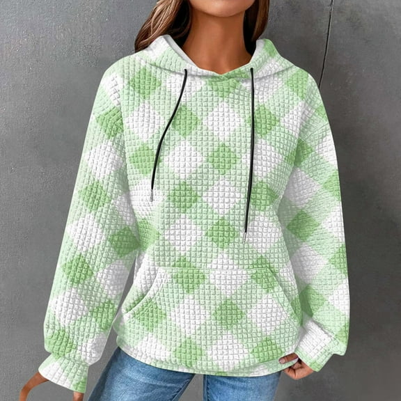 Lovskoo Women's Drawstring Sweatshirt Plaid Printed Long Sleeve Hooded Pullover Tops with Pockets Mint Green