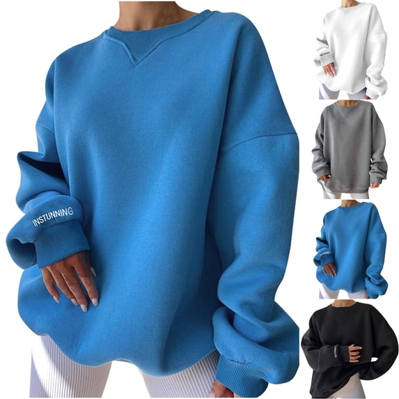 Lovskoo 2024 Sweatshirts for Women Fall Winter Fleece Thick Warm Striped Long Sleeved Round Neck Loose Short Casual Pullover Round Neck Sweater White