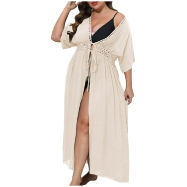 Lovskoo 2024 Swimsuit Coverup for Women Short Sleeve Bathing Suit Bikini Beach Tassels Loose Hollow Out Cover Up Coat Cardigan Beige Free Size