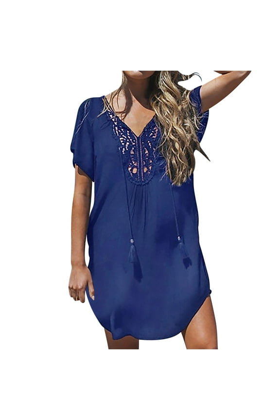 2024 Swimsuit Coverup for Women Short Sleeve Plus Size Coverup Lace Crochet V Neck Bathing Suit Beach Swimwear Cover Up Dress Blue 2XL