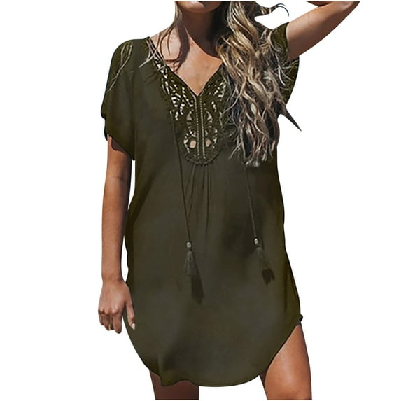 Lovskoo 2024 Swimsuit Coverup for Women Short Sleeve Plus Size Coverup Lace Crochet V Neck Bathing Suit Beach Swimwear Cover Up Dress Green XL
