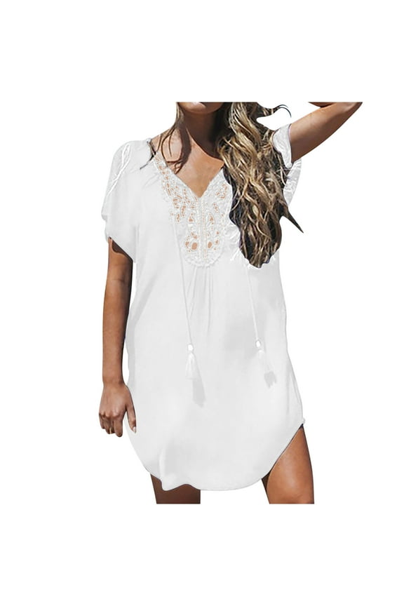 2024 Swimsuit Coverup for Women Short Sleeve Plus Size Coverup Lace Crochet V Neck Bathing Suit Beach Swimwear Cover Up Dress White 4XL