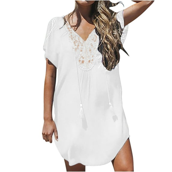 Lovskoo 2024 Swimsuit Coverup for Women Short Sleeve Plus Size Coverup Lace Crochet V Neck Bathing Suit Beach Swimwear Cover Up Dress White 4XL