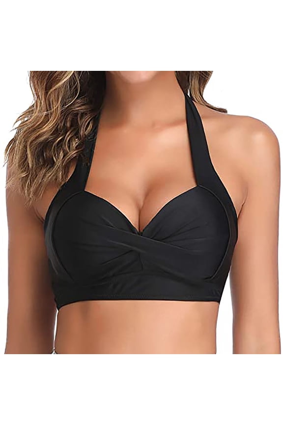 Tankini Tops for Women Hanging Neck Solid Color Halter Ruched Bikini Bra Black