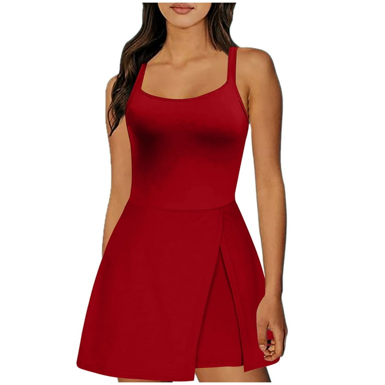 Lovskoo 2024 Tennis Dress for Women Workout Dress with Built In Shorts Sleeveless Side Slit Solid Color Running Onesie Rompers Flare Mini Dresses Red