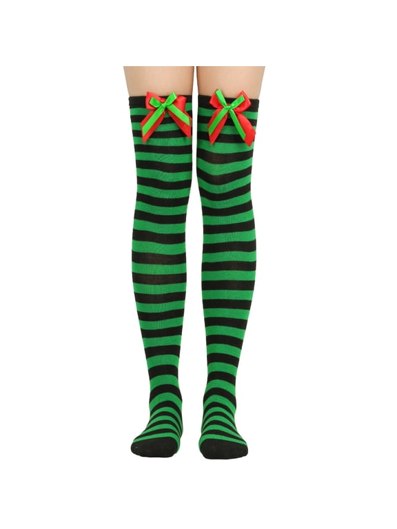 Thigh High Socks Extra Long Over The Knee Christmas Long Tube Knee Socks Striped Garter Cute Accessories Christmas Party Long Stocking for Women Leg Warmer Olive Green-B