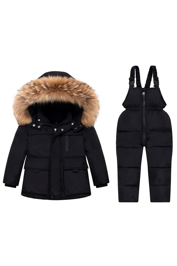2024 Toddler Baby Boys Girls Two Piece Snowsuit Winter Thick Warm Hooded Puffer Down Jacket Coat With Ski Bib Sets for 1-6 Years Black