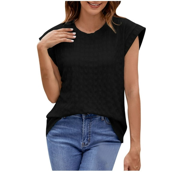 Lovskoo 2024 Tops for Women Trendy Summer Casual Cap Short Sleeve Basic Textured Solid Color Round Neck T Shirts Blouse Black XL