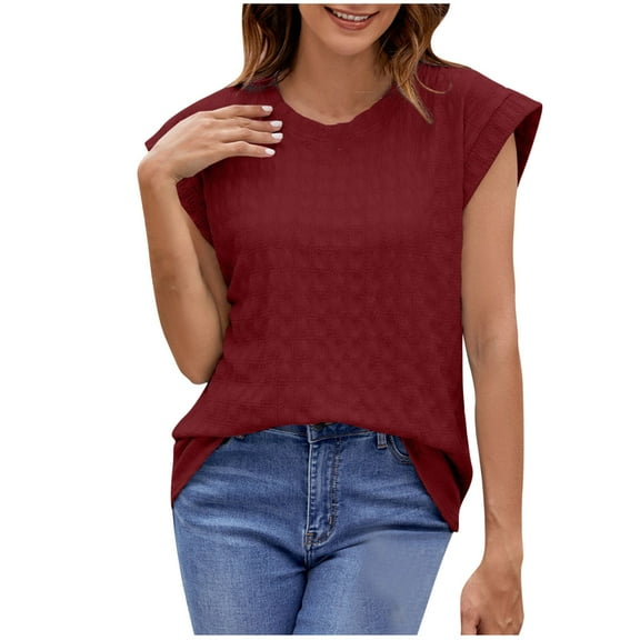 Lovskoo 2024 Tops for Women Trendy Summer Casual Cap Short Sleeve Basic Textured Solid Color Round Neck T Shirts Blouse Burgundy M