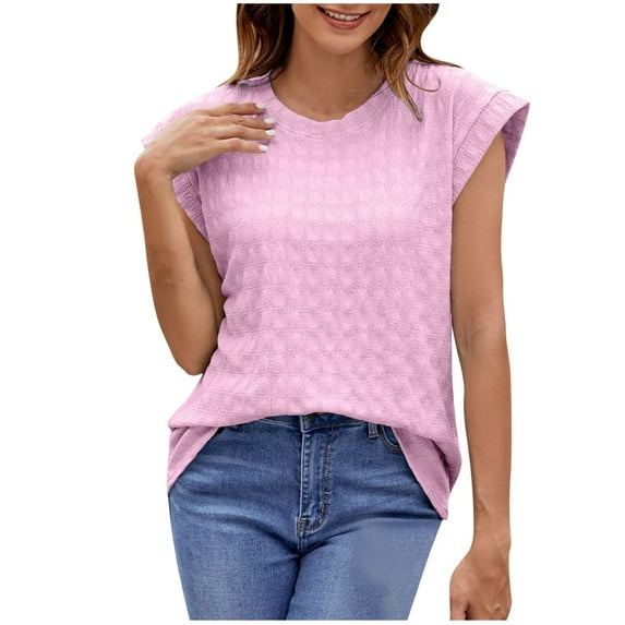 Lovskoo 2024 Tops for Women Trendy Summer Casual Cap Short Sleeve Basic Textured Solid Color Round Neck T Shirts Blouse Pink XL