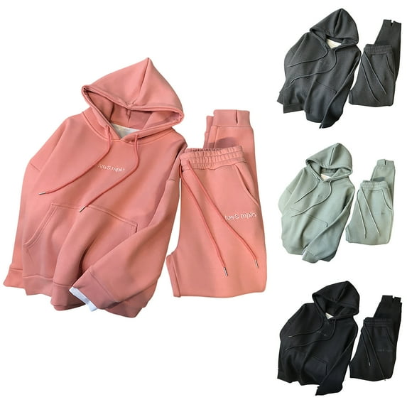 Lovskoo 2024 Tracksuit Women 2 Piece Outfits Fall and Winter Thickened Plushed Loose Hooded Pullover Leggings Set Sports Casual Set Pink