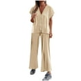 thumbnail image 1 of Lovskoo 2024 Two Piece Outfits for Women Summer Loose Ribbed Short Sleeve V Neck Button Down Shirt Elastic Waist Wide Leg Pants Knit Matching Lounge Sets Khaki L, 1 of 9
