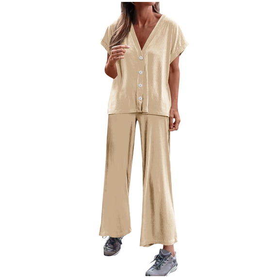 Lovskoo 2024 Two Piece Outfits for Women Summer Loose Ribbed Short Sleeve V Neck Button Down Shirt Elastic Waist Wide Leg Pants Knit Matching Lounge Sets Khaki XL