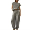 thumbnail image 1 of Lovskoo 2024 Two Piece Outfits for Women Sweater Sets Cap Short Sleeved Round Neck Knit Pullover Tops and High Waisted Pants Lounge 2 Piece Matching Sets Gray S, 1 of 5