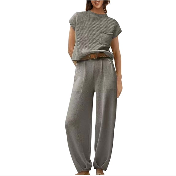 Lovskoo 2024 Two Piece Outfits for Women Sweater Sets Cap Short Sleeved Round Neck Knit Pullover Tops and High Waisted Pants Lounge 2 Piece Matching Sets Gray S