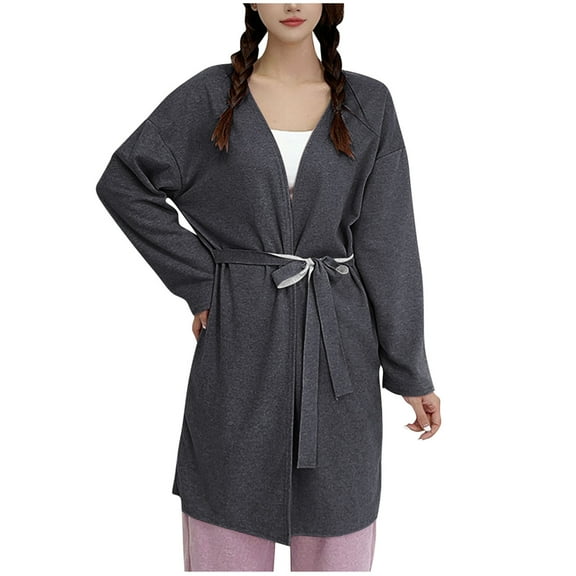 Lovskoo Women's Solid Color Bathrobe Thick Warm Fleece with Belt Home Robe Bathrobe Sleepwear Dark Gray