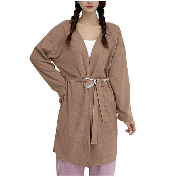 Lovskoo Women's Solid Color Bathrobe Thick Warm Fleece with Belt Home Robe Bathrobe Sleepwear Khaki