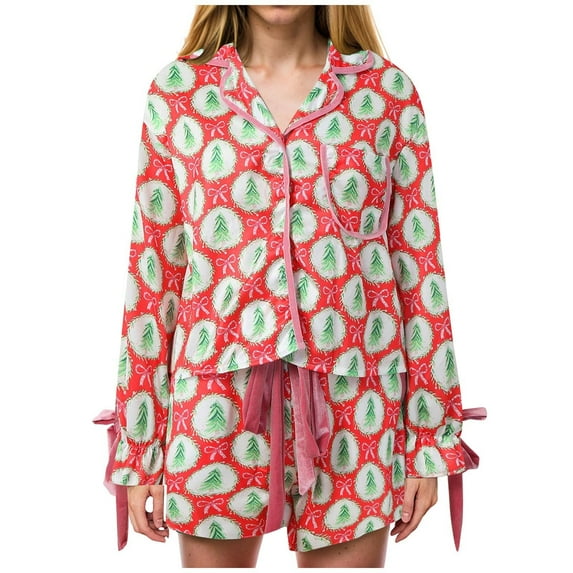 Lovskoo Christmas Pajamas for Women Set 2 Piece Bow Sleepwear Set Tie Cuff Long Sleeve Print Button Shirt Ruffle Shorts X-Red & White 2XL