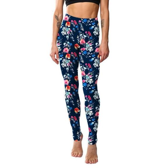 Lovskoo 2024 Warm Leggings for Women Winter Workout Classic Retro Color Floral Graffiti Print Leggings Dark Blue