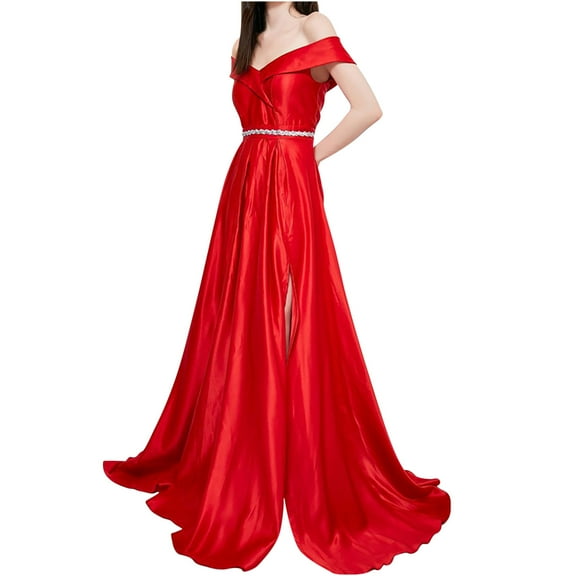 Lovskoo 2024 Wedding Guest Dresses for Women Evening Gown Trendy Summer Sleeveless V-Neck Vent Long Dress Off Shoulder Backless Bridesmaid Dresses Cocktail Dresses 2023 Red