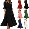 thumbnail image 1 of Lovskoo 2024 Wedding Guest Dresses for Women Evening Gown Trendy Half Sleeve V-Neck Loose Solid Ankle Dress Long Split Cocktail Dresses 2023 Black, 1 of 7