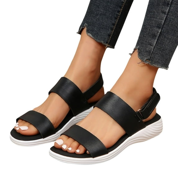 Lovskoo 2024 Wedge Sandals for Women Open Toe Slingback Strappy Sports Summer Leather Cozy Sandals Black