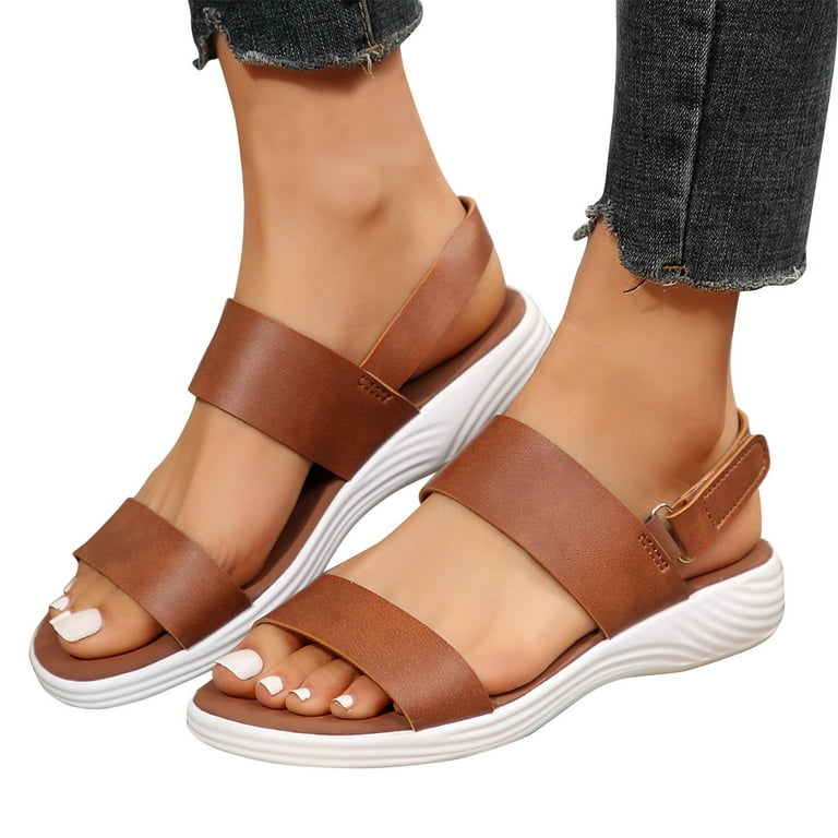 Lovskoo 2024 Wedge Sandals for Women Open Toe Slingback Strappy Sports Summer Leather Cozy Sandals Coffee