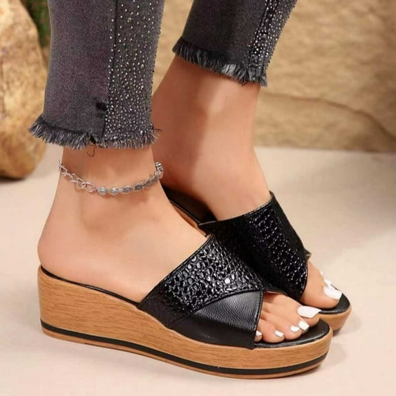 Lovskoo 2024 Wedge Sandals for Women Open Toe Slip On Platform Summer Platform Walking Sandals Slippers Black