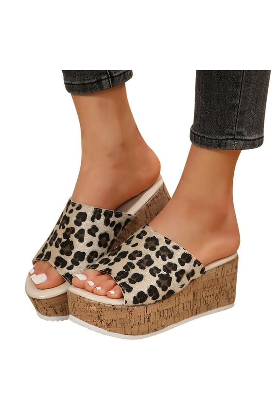 2024 Wedge Sandals for Women Open Toe Slip On Platform Summer Plus Size Leopard Pattern High Heel Thick Sole Slippers Gold