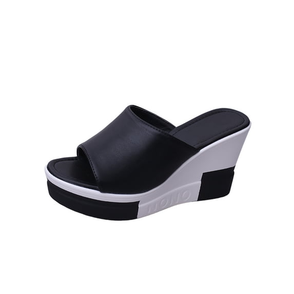 Lovskoo 2024 Wedge Sandals for Women Open Toe Slip On Platform Thick Soled High Heeled Solid Color Slippers Comfortable Slides Walking Sandals Black