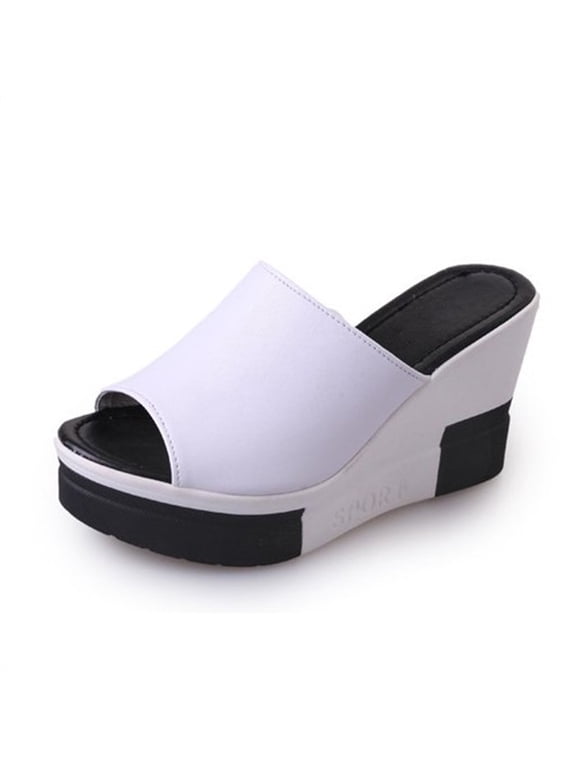 Wedge Sandals for Women Open Toe Slip On Platform Thick Soled High Heeled Solid Color Slippers Comfortable Slides Walking Sandals White
