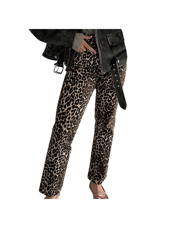 Wide Leg Pants Woman Leopard Printed High Waist Straight Leg Loose Pants Jeans Brown L