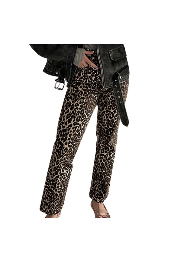 Wide Leg Pants Woman Leopard Printed High Waist Straight Leg Loose Pants Jeans Brown S