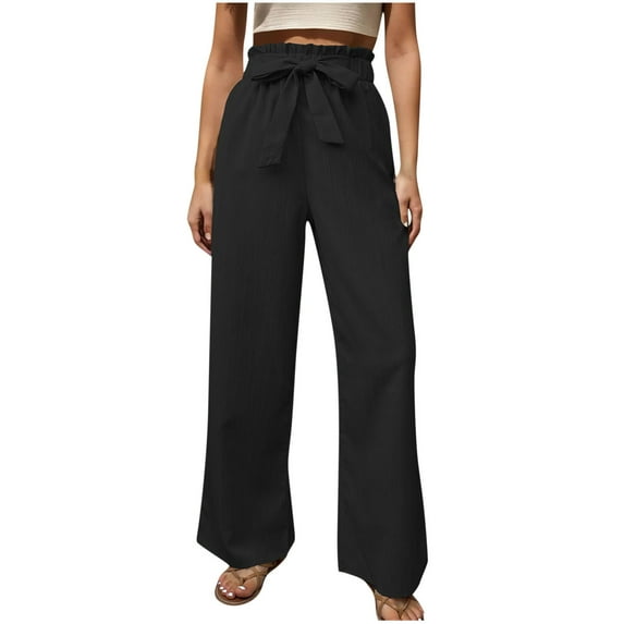 Lovskoo 2024 Wide Leg Pants Woman Solid Color Trendy Bow Tie Front Elastic Waist Dawstring Long Pants Black M