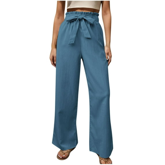 Lovskoo 2024 Wide Leg Pants Woman Solid Color Trendy Bow Tie Front Elastic Waist Dawstring Long Pants Blue S