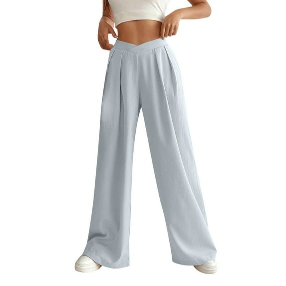 Lovskoo 2024 Wide Leg Pants for Women Spring Summer V-Shape Solid Color Loose Pants Pants Gray L