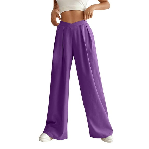Lovskoo 2024 Wide Leg Pants for Women Spring Summer V-Shape Solid Color Loose Pants Pants Purple M